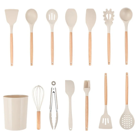 14pcs Kitchen Cooking Utensil Set with Caddy Heat Resistant Silicone Tools Non Stick Cookware Food Safe BPA Free Dishwasher Safe