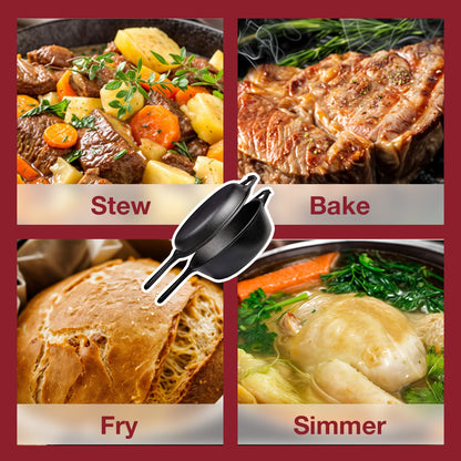 Dutch Oven & Skillet Combo，Preseasoned Cast Iron Cookware Set，2-In-1 Multi Cooker - Deep Pot + Frying Pan，Works for Bread, Indoo