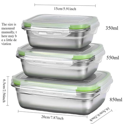 3 Pieces Stainless Steel Food Containers Food Storage Box Square Lunch Box 400/750/1200ml