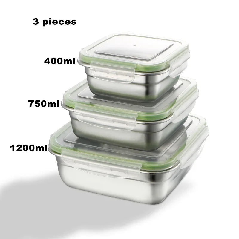 3 Pieces Stainless Steel Food Containers Food Storage Box Square Lunch Box 400/750/1200ml