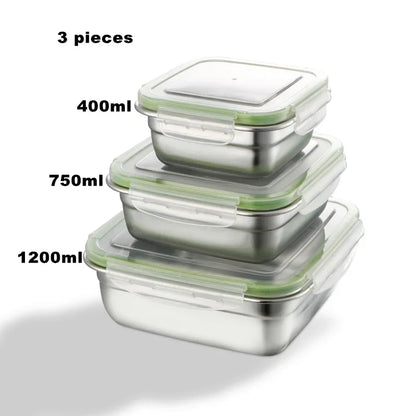 3 Pieces Stainless Steel Food Containers Food Storage Box Square Lunch Box 400/750/1200ml