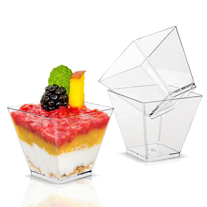 60ml Dessert Bowl with Spoon Set Square Mini Dessert Cups Disposable Supplies Reusable Accessories for Tasting Pudding Yogurt