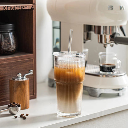 20oz Ribbed Glass Tumblers with Lids & Straws – 2/4-Piece Iced Coffee Glass Set