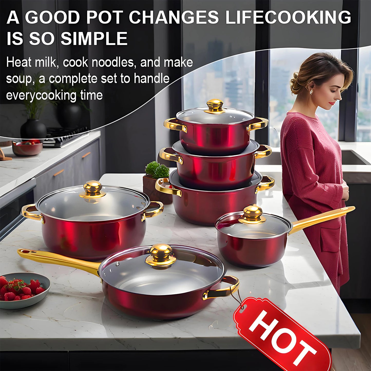 12-Piece Red Stainless Steel Cookware Set – Non-Stick Pots & Pans, Stylish Kitchen Cookware Collection for a Complete Cooking Solution