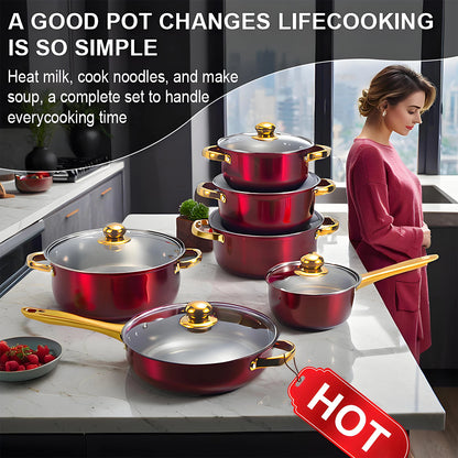 12-Piece Red Stainless Steel Cookware Set – Non-Stick Pots & Pans, Stylish Kitchen Cookware Collection for a Complete Cooking Solution