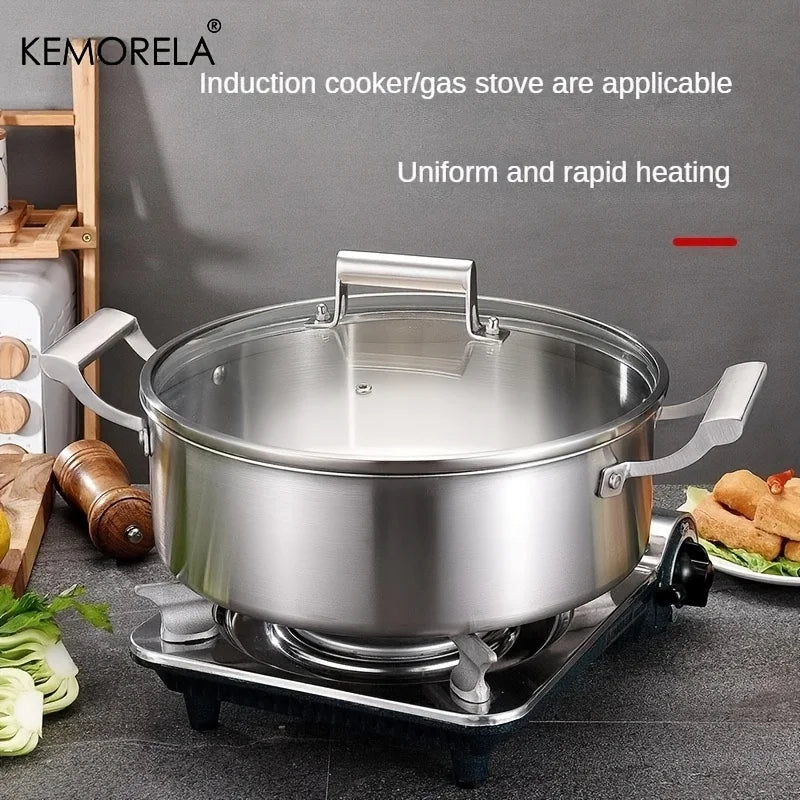 KEMORELA 304 Stainless Steel Hot Pot - German Five-Layer Steel European Style Double Handle Soup Pot with Glass Lid, for Home