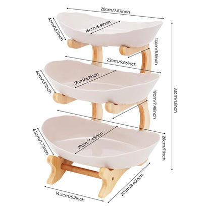3-Tier Fruit Plate,Snack Dessert Cake Tray Plate Rack for Party Wedding,Fruit Bowl W/ Bamboo Wood Stand,Candy Dish Cake Stand