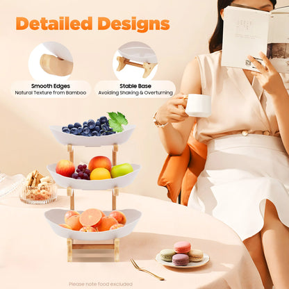 3-Tier Fruit Plate,Snack Dessert Cake Tray Plate Rack for Party Wedding,Fruit Bowl W/ Bamboo Wood Stand,Candy Dish Cake Stand