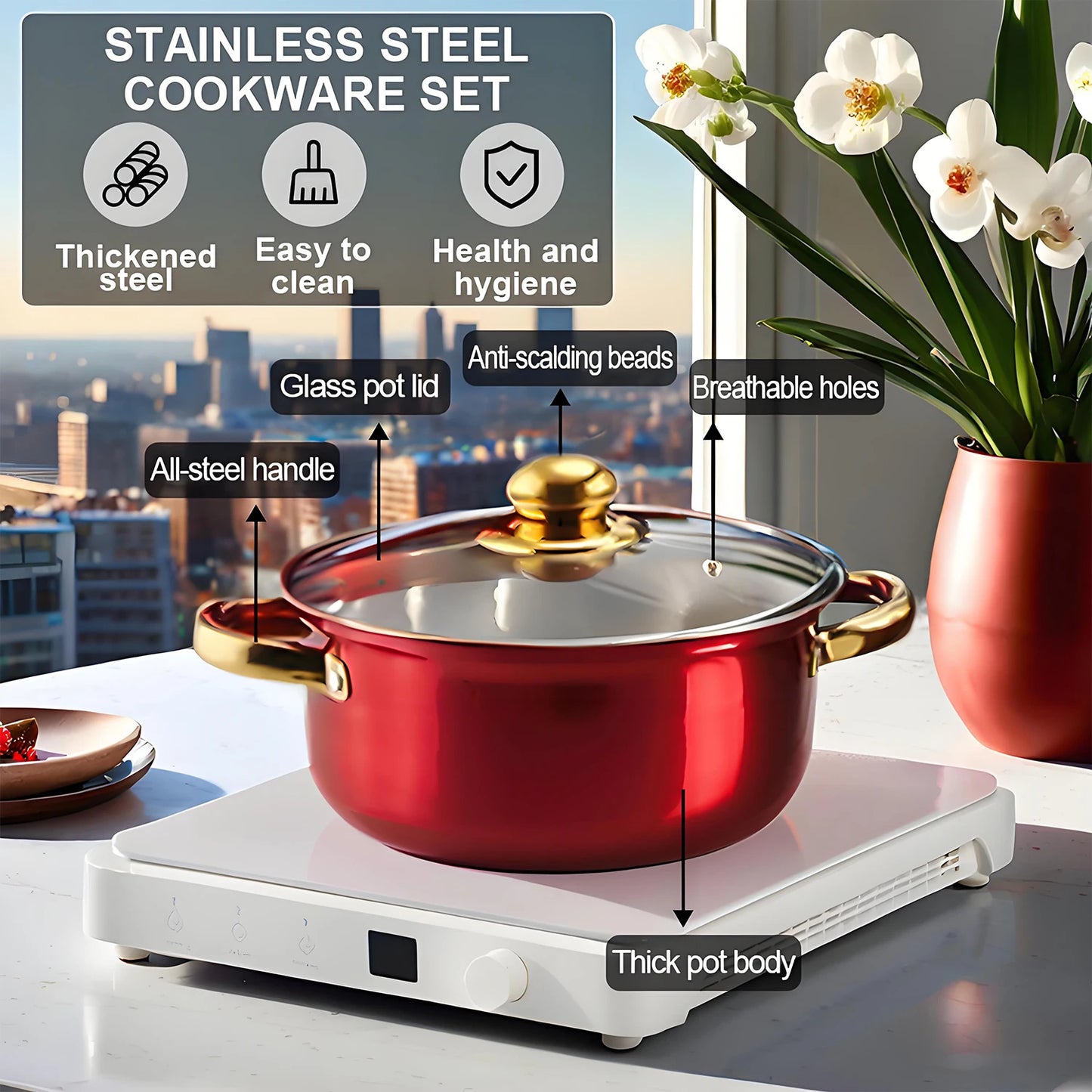 12-Piece Red Stainless Steel Cookware Set – Non-Stick Pots & Pans, Stylish Kitchen Cookware Collection for a Complete Cooking Solution