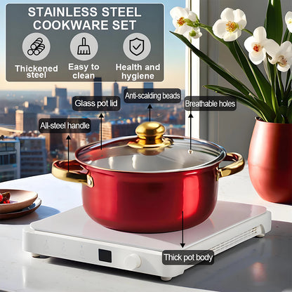 12-Piece Red Stainless Steel Cookware Set – Non-Stick Pots & Pans, Stylish Kitchen Cookware Collection for a Complete Cooking Solution