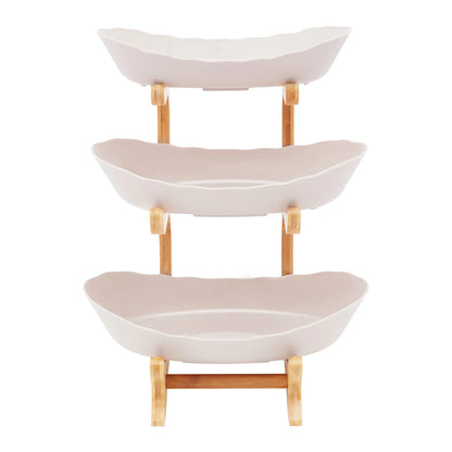 3-Tier Fruit Plate,Snack Dessert Cake Tray Plate Rack for Party Wedding,Fruit Bowl W/ Bamboo Wood Stand,Candy Dish Cake Stand