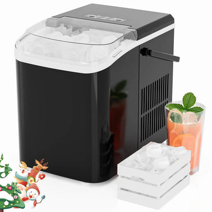 Countertop Ice Maker, Machine Self-Cleaning, 2 Sizes Bullet Ice, Portable Ice Machine with Ice Scoop, Basket and Handle, Black