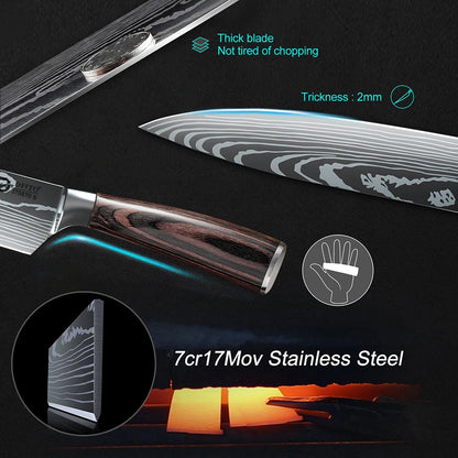 KEPEAK Kitchen Knife Set 7Cr17Mov Stainless Steel Chef Knife Ultra Sharp Santoku Cleaver Utility Knife Cooking Knives Nylon Bag