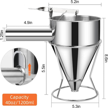 Stainless Steel Pancake Batter Dispenser with Stand – Multi-Caliber Funnel Cake Dispenser with 4 Nozzles for Cupcakes, Waffles & Baked Goods