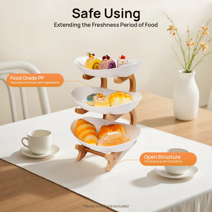 3-Tier Fruit Plate,Snack Dessert Cake Tray Plate Rack for Party Wedding,Fruit Bowl W/ Bamboo Wood Stand,Candy Dish Cake Stand