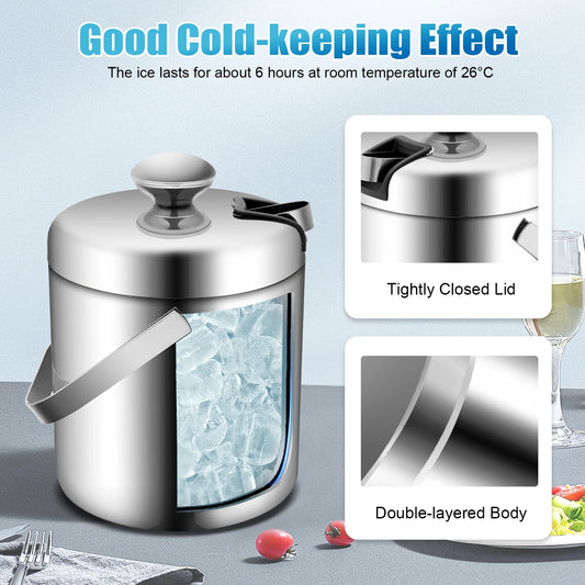 1.3L Stainless Steel Double-Walled Ice Bucket with Lid & Tongs – Portable Ice Cube Container for Wine, Beer & Drink Cooling