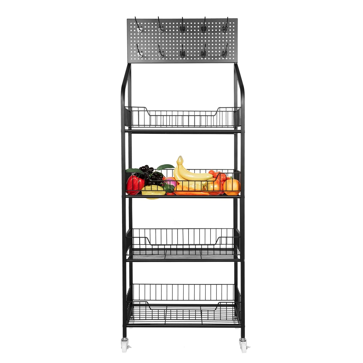 4 Tier Display Snack Rack with Universal Wheels Fruit Vegetable Towel Basket Stand Cart Metal Display Stand