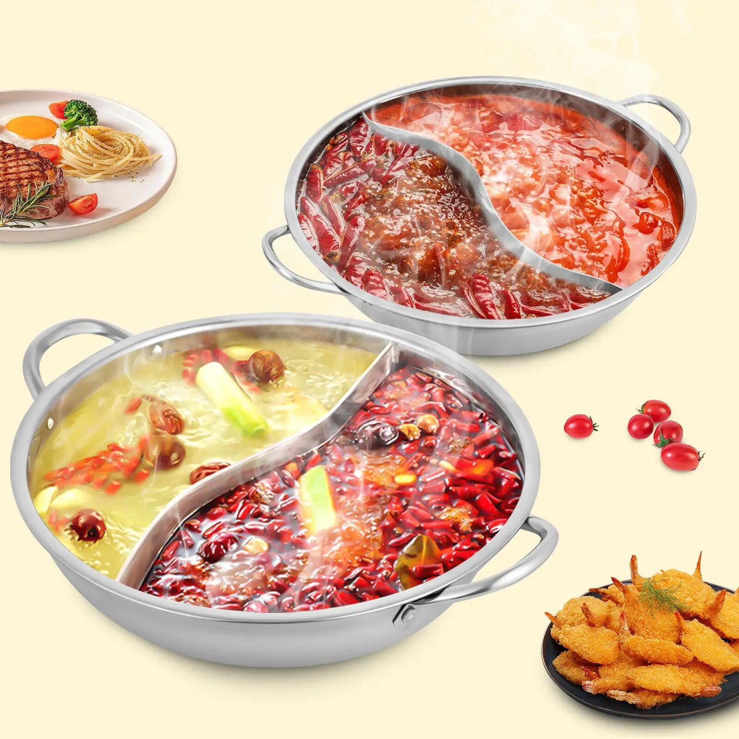 34cm Stainless Steel Shabu Shabu Hot Pot with Divider & Glass Lid Perfect for Family Meals and Versatile Cooking