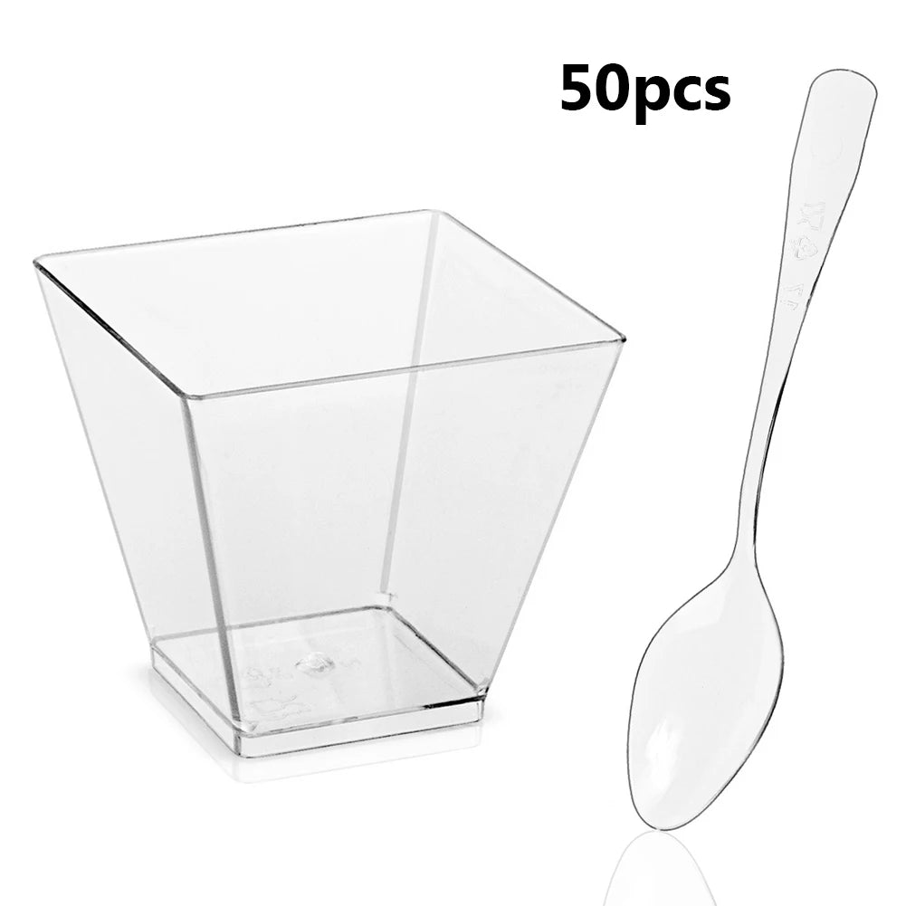 60ml Mini Dessert Cups with Spoons – Reusable Square Tasting Bowls for Pudding, Yogurt, Appetizers & Party Desserts