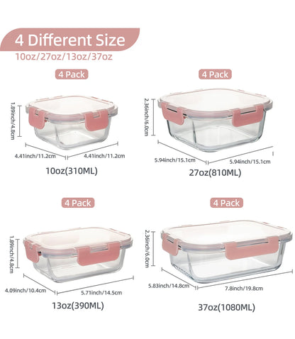 16-Piece Glass Food Storage Containers Set, Leakproof Airtight BPA-Free, Microwave & Oven Safe, Stackable Kitchen Organizers wit