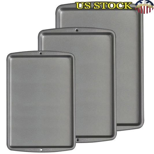 Non-Stick Cookie Sheet Pan Bakeware Set 3-Piece Durable Carbon Steel Baking Trays Dishwasher Safe Oven Safe Heat Resistant Easy