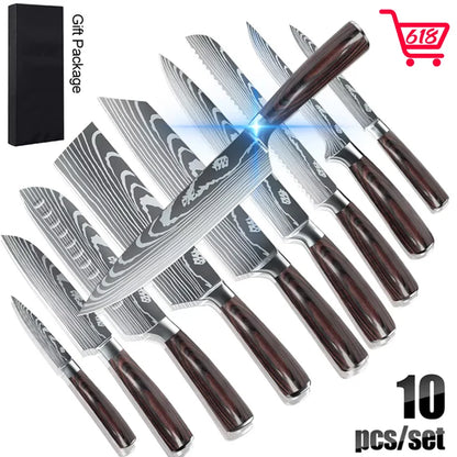 8/10pcs Gift Japanese Kitchen Knives Set Laser Damascus Pattern Chef Knife High Carbon Stainless Steel Sharp Fruit Slicing Knife