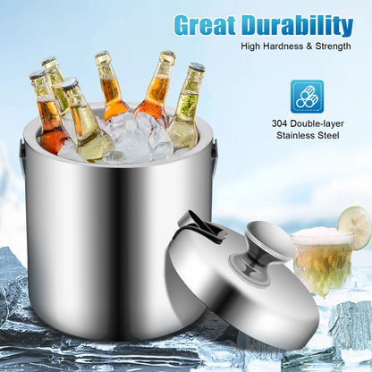 1.3L Stainless Steel Double-Walled Ice Bucket with Lid & Tongs – Portable Ice Cube Container for Wine, Beer & Drink Cooling