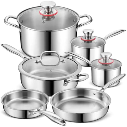 10 Pcs Pots and Pans Set Stainless Steel Cookware Sets for Kitchen Induction Cookware Nontoxic Kitchen Cooking Set w Fry Pans S