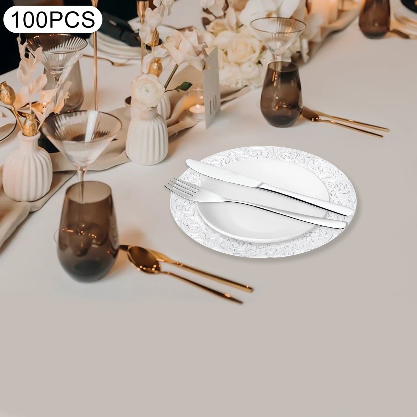 Charger Plates 100-Piece Set Round Reusable Serving Plates Gold Black Silver Green for Wedding Banquet Party Decor