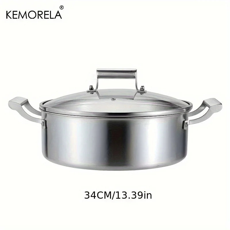 KEMORELA 304 Stainless Steel Hot Pot - German Five-Layer Steel European Style Double Handle Soup Pot with Glass Lid, for Home