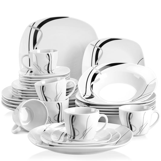 VEWEET FIONA Porcelain Tableware Set – 30/60-Piece Black Line Dinner, Soup & Dessert Plates with Cups & Saucers