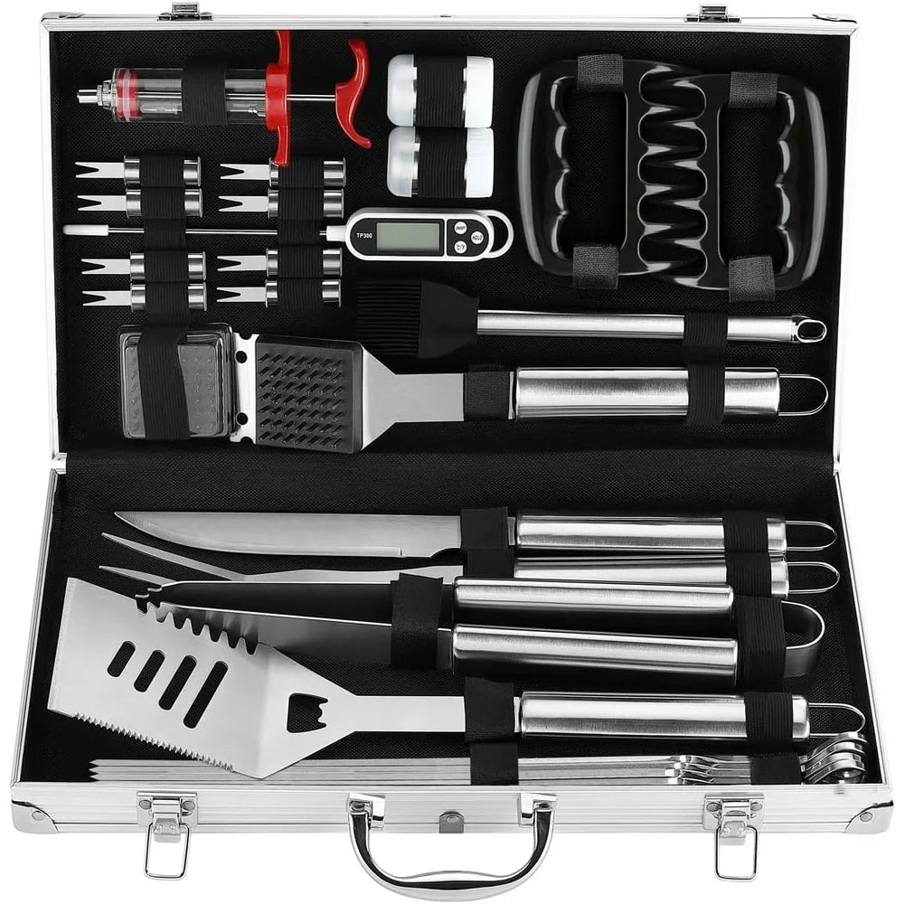 26PC BBQ Grill Accessories Set Stainless Steel Tools Aluminum Case Grilling Utensils Gift Birthday Christmas Parties