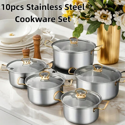 10-Piece Stainless Steel Cookware Set - Soup Pot/Frying Pan/Sauce Pan with Lids, Fit Induction/Electric/Gas Stoves