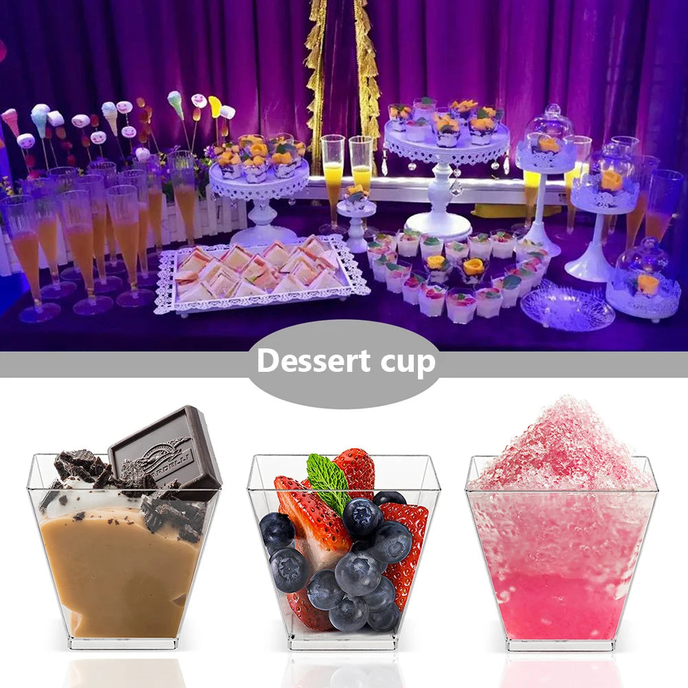 60ml Dessert Bowl with Spoon Set Square Mini Dessert Cups Disposable Supplies Reusable Accessories for Tasting Pudding Yogurt