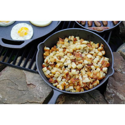 Pre-Seasoned Cast Iron Skillet 10.5 Inch Heat Distribution Versatile Cooking Nonstick Surface Campfire Safe Easy Drain Pour