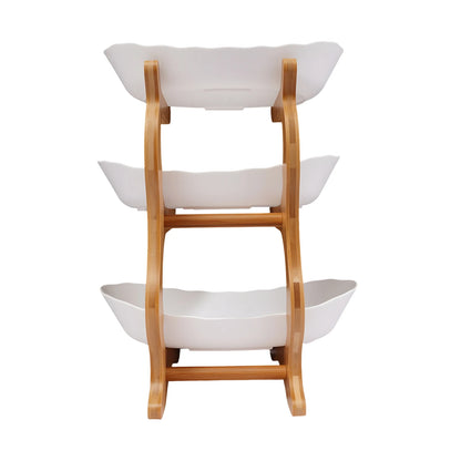 3-Tier Fruit Plate,Snack Dessert Cake Tray Plate Rack for Party Wedding,Fruit Bowl W/ Bamboo Wood Stand,Candy Dish Cake Stand