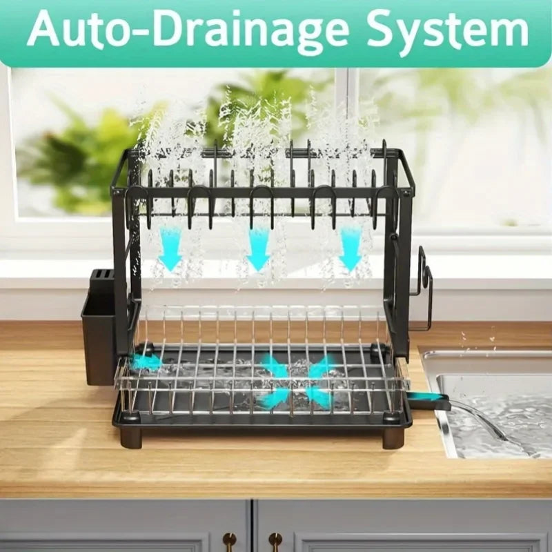 2-Tier Metal Dish Drying Rack with Drainboard – Space-Saving Counter Organizer