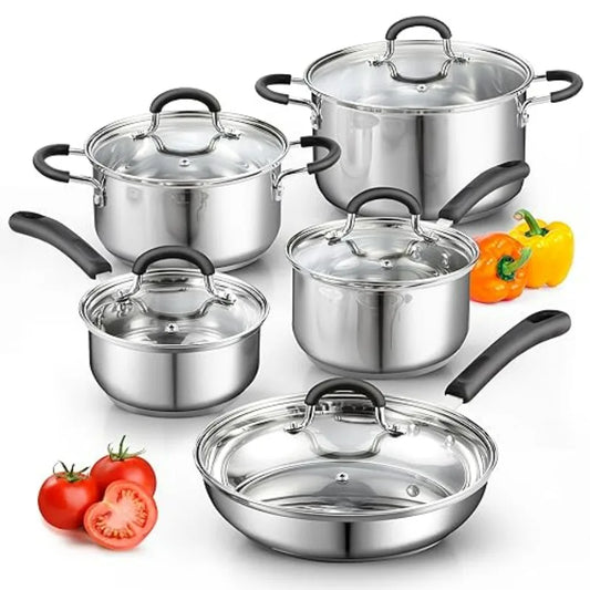 Stainless Steel Cookware Sets 10-Piece, Pots and Pans Kitchen Cooking Set with Stay-Cool Handles, Dishwasher Safe, Silver