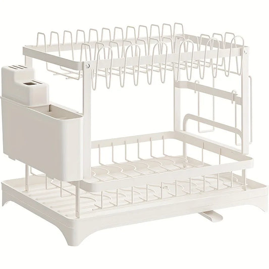 2-Tier Metal Dish Drying Rack – Black Kitchen Counter Dish Drainer with Drainboard