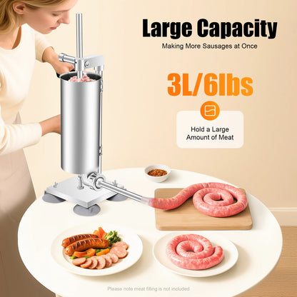 3L Stainless Steel Manual Sausage Stuffer – Vertical Sausage Maker with 11 Filling Tubes