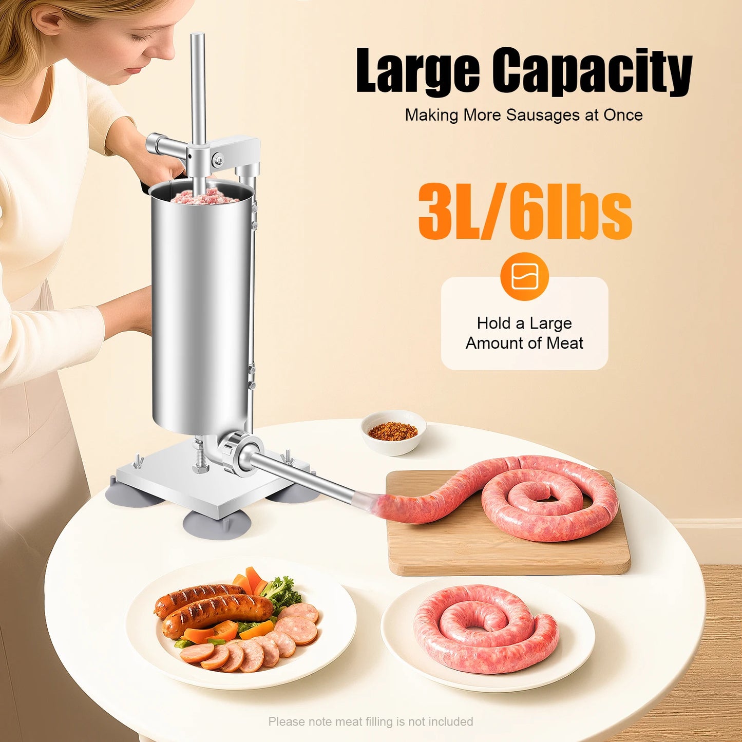 3L Vertical Manual Sausage Stuffer Machine – Stainless Steel Sausage Maker with 4 Steel & 7 PE Tubes