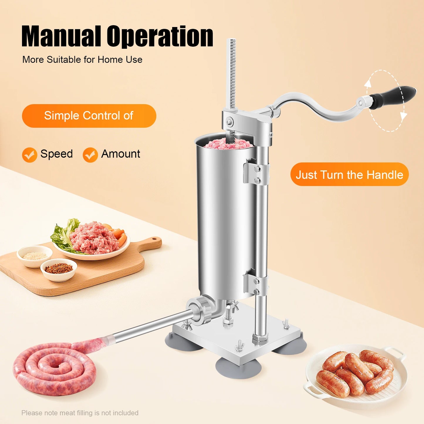 3L Stainless Steel Manual Sausage Stuffer – Vertical Sausage Maker with 11 Filling Tubes