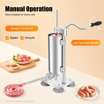 3L Stainless Steel Manual Sausage Stuffer – Vertical Sausage Maker with 11 Filling Tubes
