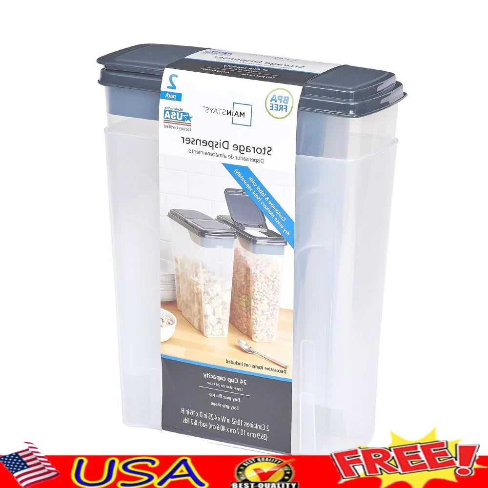 2-Pack Plastic Cereal Dispenser Containers 6 Quart Easy Grip Flip Lid Dry Food Storage Organizer