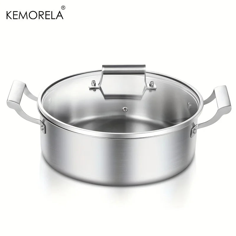 KEMORELA 304 Stainless Steel Hot Pot - German Five-Layer Steel European Style Double Handle Soup Pot with Glass Lid, for Home