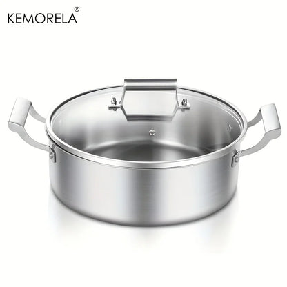 KEMORELA 304 Stainless Steel Hot Pot - German Five-Layer Steel European Style Double Handle Soup Pot with Glass Lid, for Home