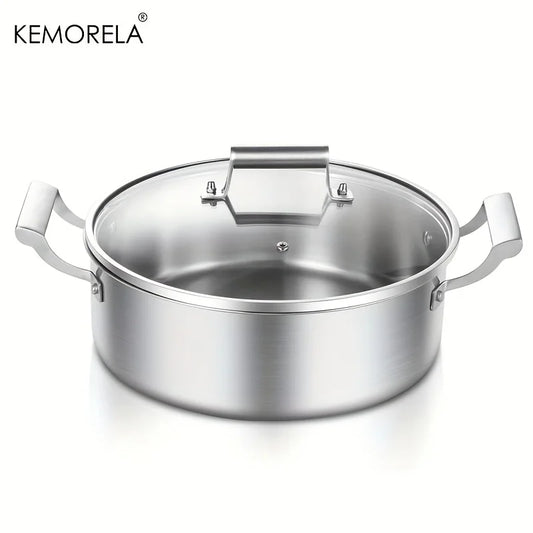 KEMORELA 304 Stainless Steel Hot Pot - German Five-Layer Steel European Style Double Handle Soup Pot with Glass Lid, for Home