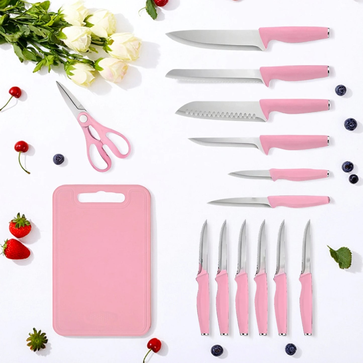 15-piece kitchen stainless steel knife set with knife holder, space-saving storage, full handling of ingredients