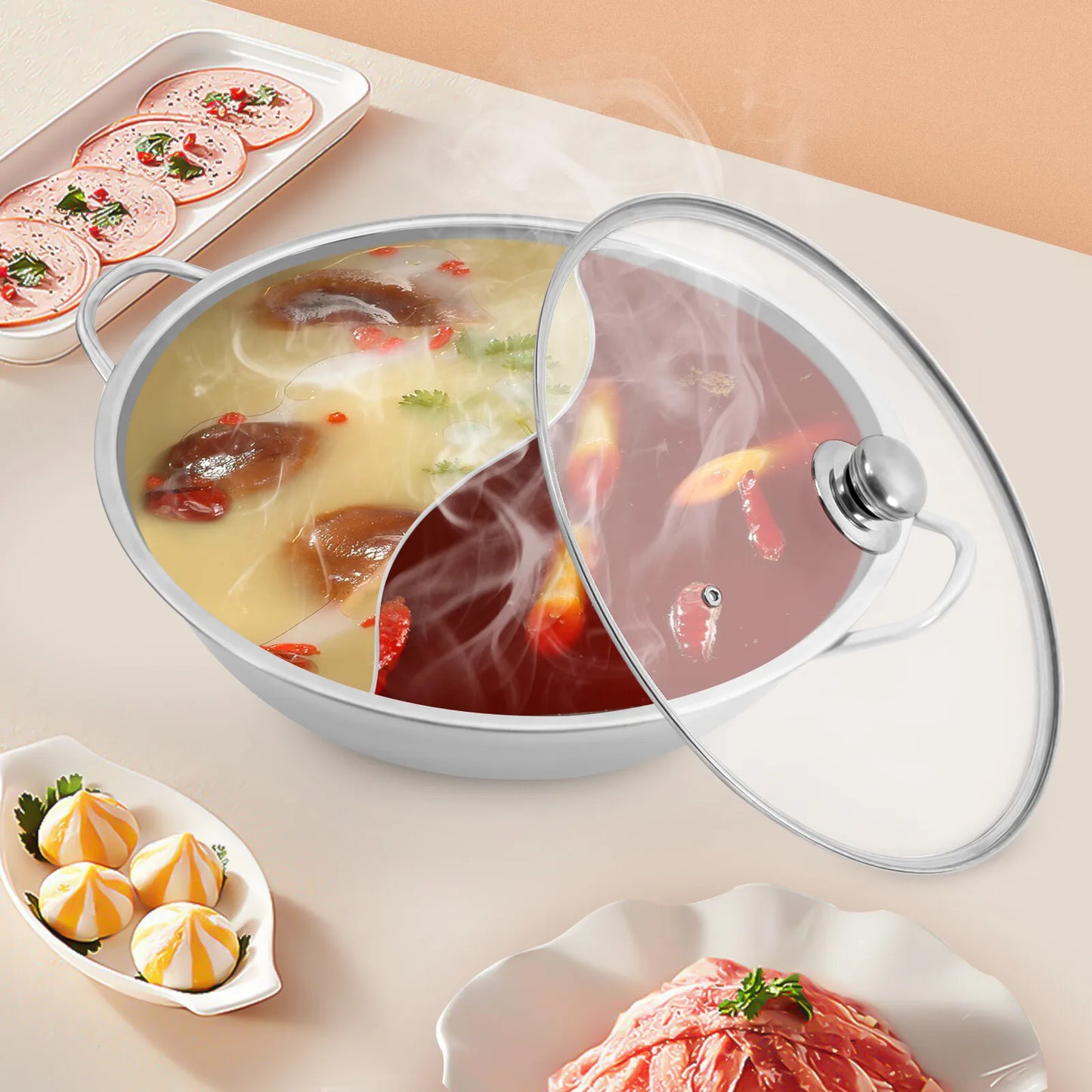 34cm Stainless Steel Shabu Shabu Hot Pot with Divider & Glass Lid Perfect for Family Meals and Versatile Cooking