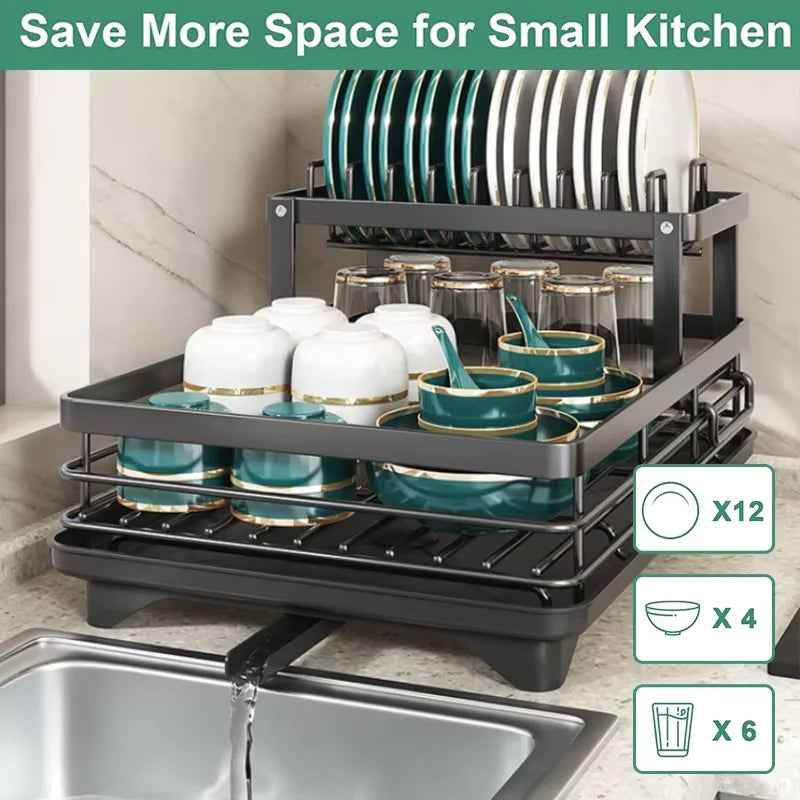 2-Tier Metal Dish Drying Rack with Drainboard – Space-Saving Counter Organizer
